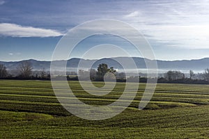 Mountains on the horizon and fog over the field