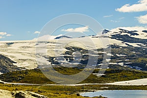 Mountains with ice glacier. Road Sognefjellet, Norway