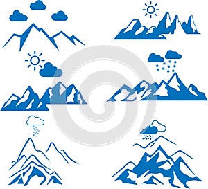 Mountains icon, Hill icon, Enormity blue vectors icon set.