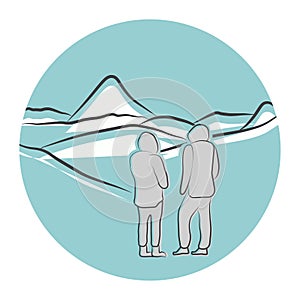 Mountains icon. Ski resort. Handrawn panoramic mountain landscape with people. Ski resort banner. Logotype for winter sport