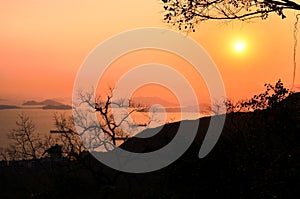 Mountains and islands view around Hong Kong Victoria Peak at sunset