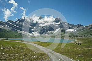 Mountains, lake and blue sky in Switzerland