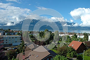 Mountains, lake and buildings in La Tour-de-Peilz in Switzerland