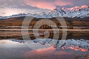 Mountains lake ice snow autumn reflection dawn