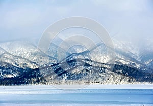 Mountains in lake kussharo