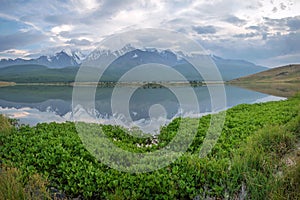 Mountains lake reflection clouds sky summer