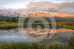 Mountains lake reflections dawn summer