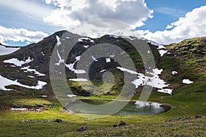 Mountains lake snow sky clouds summer