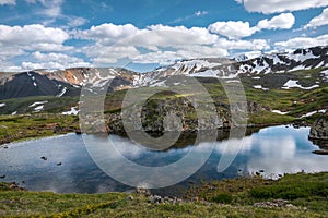 Mountains lake snow sky clouds summer