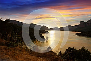 Mountains lake in sunset. Sau reservoir