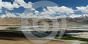 Mountains lake Tso Kar in Ladakh in India.