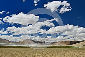 Mountains lake Tso Kar in Ladakh in India.