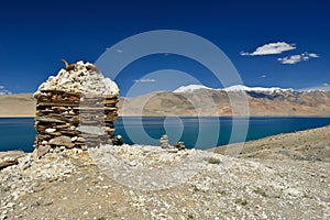 Mountains lake Tso Moriri in Ladakh in India.