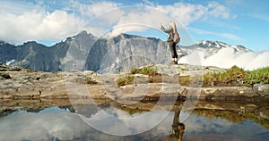 Mountains, lake or woman taking photograph on outdoor holiday vacation for blog or view. Photographer, environment or