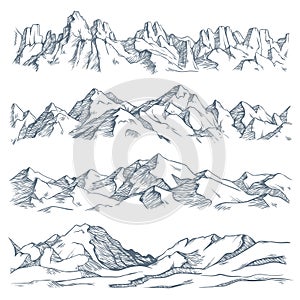 Mountains landscape engraving. Vintage hand drawn sketch of hiking or climbing on mountain. Nature highlands vector