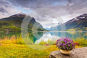 Mountains landscape, fjord and rest place, Norway