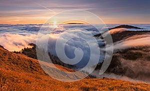 Mountains Landscape with Inversion in the Valley at Sunset, Slovakia
