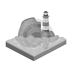 Mountains, lighthouse and Sea . Relief and mountains single icon in monochrome style isometric vector symbol stock