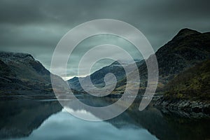 Mountains at Llyn Padarn, reflecting in a lake