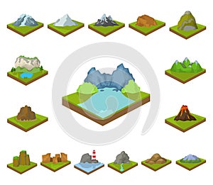 Mountains, massive cartoon icons in set collection for design. The surface of the earth vector isometric symbol stock