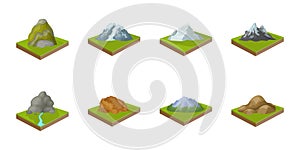 Mountains, massive icons in set collection for design. The surface of the earth vector isometric symbol stock web