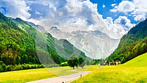 Mountains and meadow in Logarska dolina valley