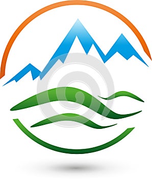 Mountains, meadow and sun, turism and sports logo