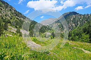 mountains, meadows and blue sky