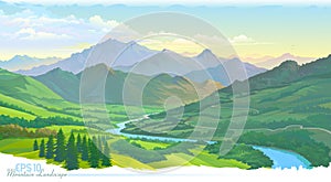 The mountains, the meadows, the green landscape and the river. Vector Image.