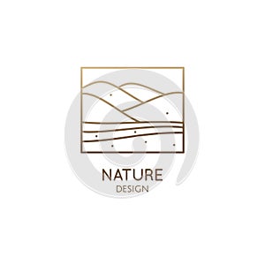 Mountains minimalistic logo. Rectangular linear icon of landscape. Vector abstract emblem, simple badge for a travel