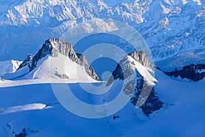 The mountains of the Mont Blanc massif in Europe, France, Rhone Alpes, Savoie, Alps, in winter on a sunny day