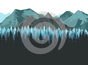 The mountains. Mountain range with cliffs, rocks and peaks. Horizon. Landscape with coniferous forest, taiga. Pine trees, ate. The