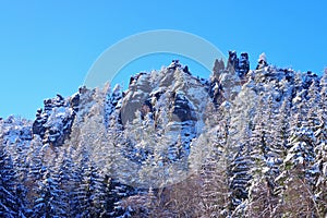 Mountains Nonnenfelsen in Zittau Mountains near Jonsdorf in winter