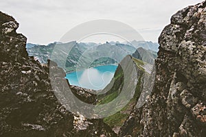 Mountains over fjord landscape in Norway aerial view