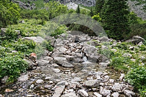 Mountains panorama, river breaks through the stones, landscape