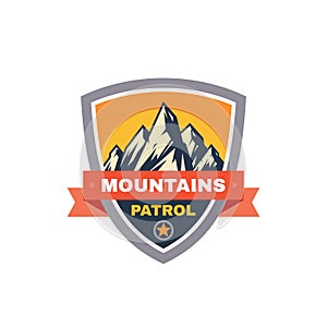 Mountains patrol - concept badge. Climbing logo in flat style. Extreme exploration sticker symbol.  Camping & hiking creative