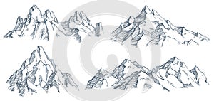 Mountains peak engraving. Vintage engraved sketch of valley with mountain landscape and old forest trees. vector