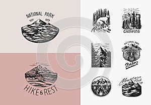 Mountains peaks. Forest Trees and tent and sun. Nature landscape with fir trees. Camping logolabel. Adventure. Badge on
