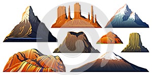 Mountains Peaks, landscape early in a daylight, big set. monument valley, matterhorn, roraima, fuji or vesuvius, devils