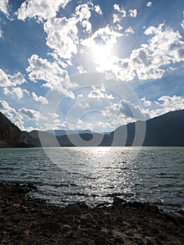 Sunset in lake of Yeso. Maipo Canyon. Santiago of Chile province photo