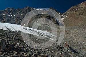 Mountains and peaks landscape. Stubaier Gletscher covered with glaciers and snow, natural environment.