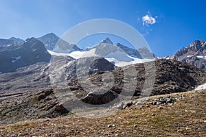 Mountains and peaks landscape. Stubaier Gletscher covered with glaciers and snow, natural environment.