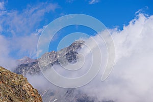 Mountains and peaks landscape. Stubaier Gletscher covered with glaciers and snow, natural environment.