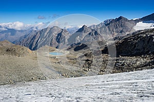 Mountains and peaks landscape. Stubaier Gletscher covered with glaciers and snow, natural environment.