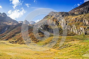 Mountains and peaks landscape. Stubaier Gletscher covered with glaciers and snow, natural environment.