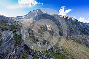 Mountains and peaks landscape. Stubaier Gletscher covered with glaciers and snow, natural environment.