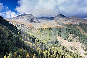 Mountains and peaks landscape. Stubaier Gletscher covered with glaciers and snow, natural environment.