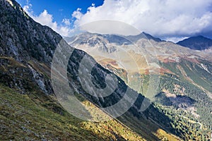 Mountains and peaks landscape. Stubaier Gletscher covered with glaciers and snow, natural environment.