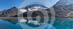 Mountains and peaks landscape. Stubaier Gletscher covered with glaciers and snow, natural environment.