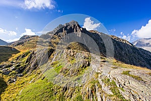 Mountains and peaks landscape. Stubaier Gletscher covered with glaciers and snow, natural environment.